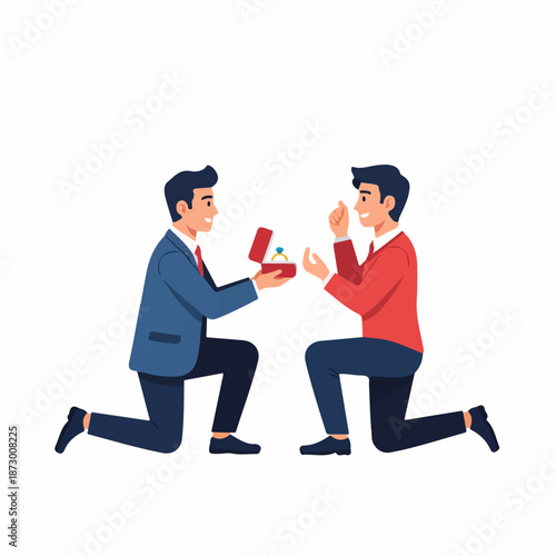 A heartwarming illustration of a same-sex couple's marriage proposal. One man kneels, offering an engagement ring to his smiling partner, symbolizing love and commitment.