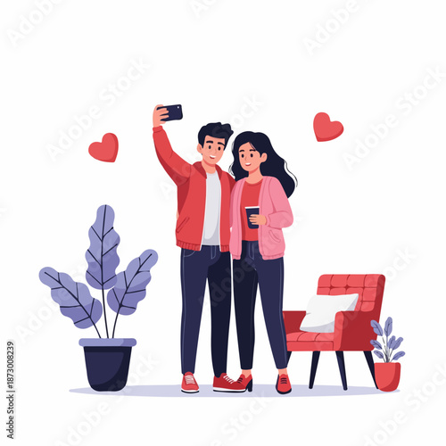 Happy young couple taking a selfie at home, surrounded by hearts and plants, symbolizing love and modern connection.