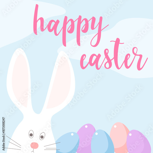 Happy Easter Greeting Card. Cartoon  Bunny Funny Childish Portrait. Cute Drawn Rabbit. Egg Hunt Spring Easter Holiday Tradition Theme. Pastel Soft Colored Art. 