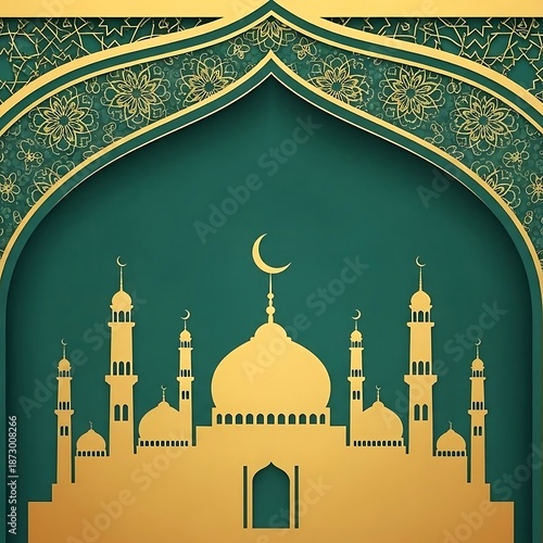 Islamic Mosque Illustration with Crescent Moon.