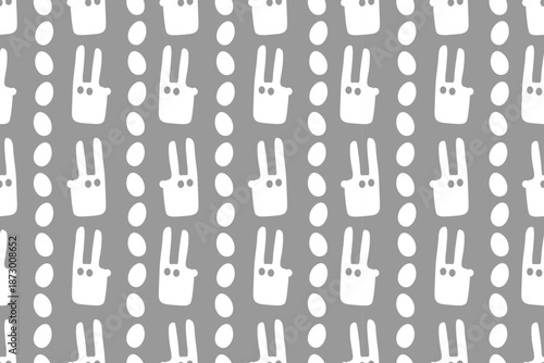 Beautiful seamless pattern with white rabbit and Easter eggs. Egg hunt, religious holiday of Easter. Flat vector design. For textiles, packaging, backgrounds or websites.