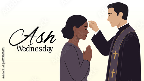 Ash Wednesday Blessing – Flat Vector Illustration of Priest Marking Cross on Praying Woman