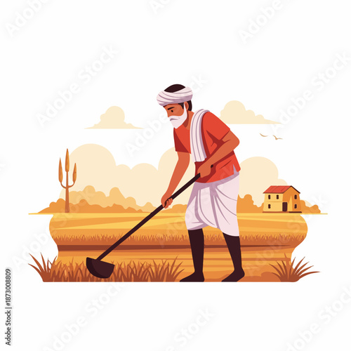 An Indian farmer in traditional attire diligently works his field with a hoe under a warm sky, depicting rural life and agricultural labor in a golden landscape.