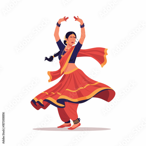 A vibrant illustration of an Indian woman gracefully performing a traditional dance in colorful attire, celebrating cultural heritage and artistic expression.
