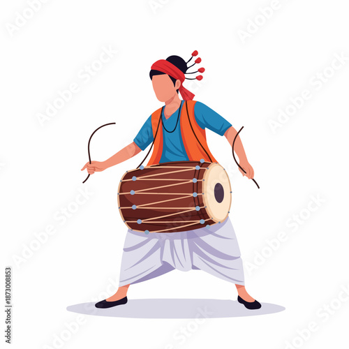 A vibrant illustration of a person in traditional attire playing a Dholak drum, showcasing cultural music and celebration.