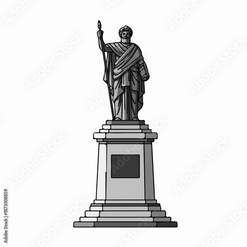 Monochrome illustration of a classical statue depicting a bearded man in robes holding a spear and book on a tiered pedestal, symbolizing history, art, and wisdom.
