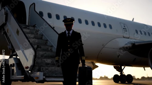 A pilot in uniform, silhouetted against the setting sun, walks with a suitcase away from an airplane on the tarmac.