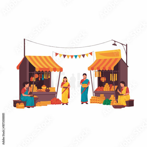 Vibrant illustration of an Indian street market with women in traditional saris selling various goods and sweets under decorated stalls, capturing the lively local culture.