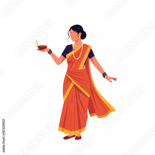 An elegant Indian woman in a traditional orange saree holds a lit diya, symbolizing light and festivity. Perfect for cultural celebrations, Diwali, or traditional themes.
