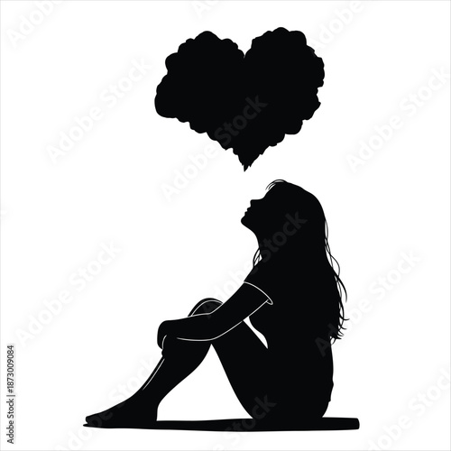 Girl Sitting With Heart Cloud Silhouette