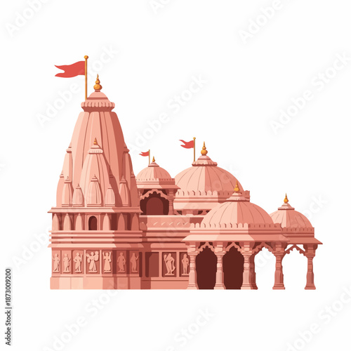 An intricately designed Hindu temple, showcasing traditional Indian architecture with multiple domes, spires, and decorative carvings, topped with sacred flags, symbolizing spiritual heritage and c...