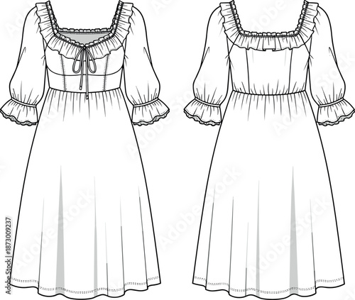 Vector technical fashion sketch of women's romantic ruffled peasant dress with puff sleeves, front and back views design template.