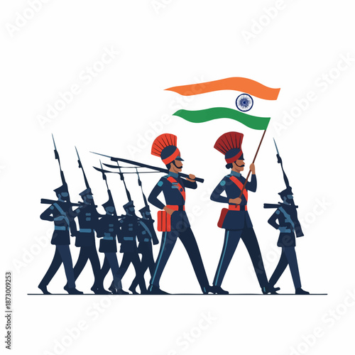 Indian soldiers in traditional uniform marching proudly with the national flag, symbolizing patriotism and national pride. Ideal for national holidays and celebrations.