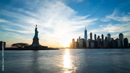 Statue of Liberty and New York City skyline at sunset, with golden light reflecting on the water.