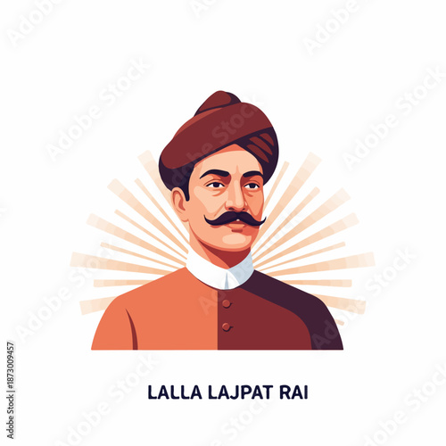 Stylized illustration of Lalla Lajpat Rai, an iconic Indian freedom fighter, with a turban and mustache, representing India's independence movement and historical legacy.