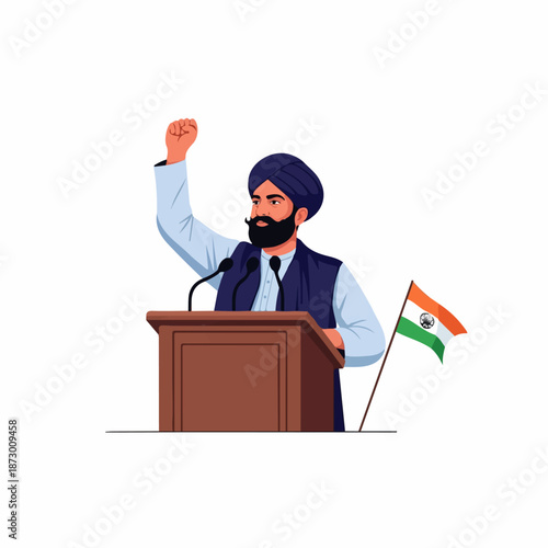 A man in a turban raises his fist at a podium with microphones and an Indian flag, symbolizing protest, speech, or political activism.
