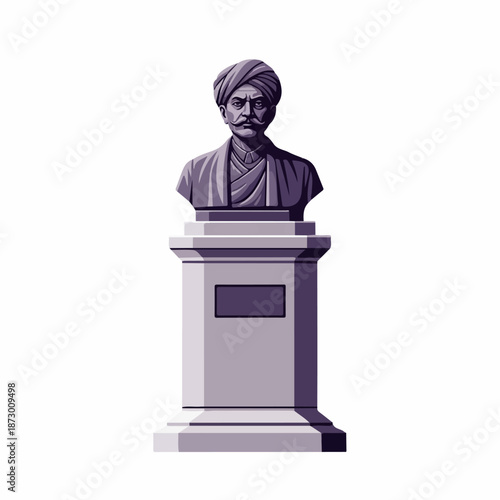 Stylized vector illustration of a bust statue depicting a man with a turban and mustache on a pedestal, isolated on a white background.