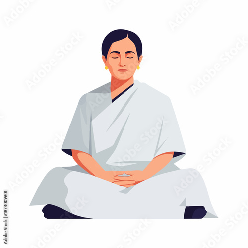 Flat vector illustration of a person in a white garment meditating with closed eyes, symbolizing tranquility, mindfulness, and inner peace.