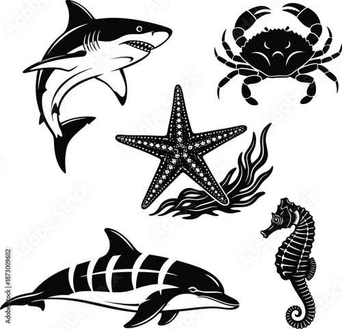 Marine Animals Wildlife Set Vector