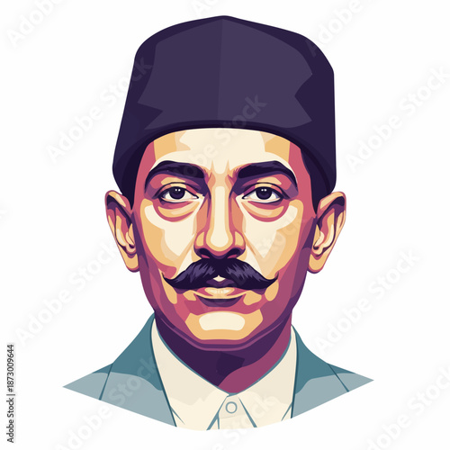 Vibrant vector portrait of a man with a prominent mustache and a fez, depicted in a bold, colorful pop art style, evoking a sense of historical or cultural elegance.