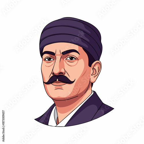 Vector illustration of a man with a prominent mustache and a turban, depicted in a cartoon style. Represents a historical figure or a traditional character with a serious expression.