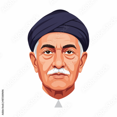 Vector illustration of an elderly man with a white mustache and a dark turban, depicting wisdom and traditional culture. Ideal for cultural and historical themes.