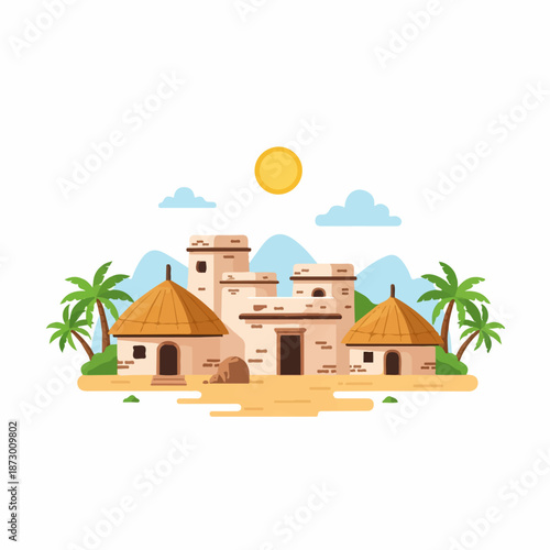 Flat vector illustration of a traditional desert village with mud houses, thatched huts, palm trees, and mountains under a sunny sky. Ideal for travel, culture, or historical themes.