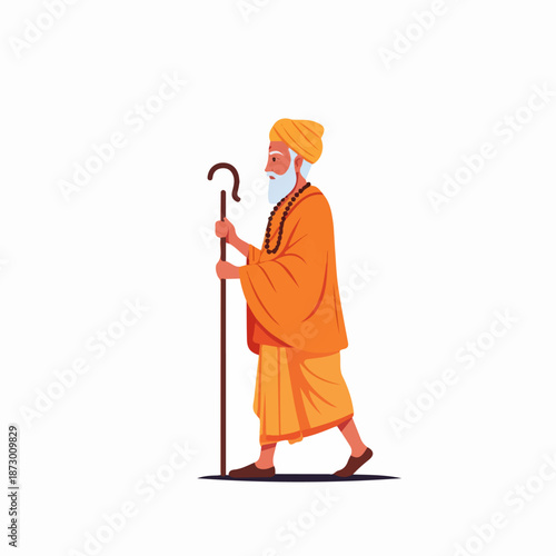 An elderly Indian sadhu or holy man, with a white beard and orange attire, walks with a staff, symbolizing spirituality and devotion.