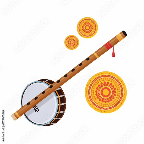 Vector illustration of traditional Indian musical instruments, including a flute and a stringed drum, accompanied by decorative mandala-style patterns on a white background.