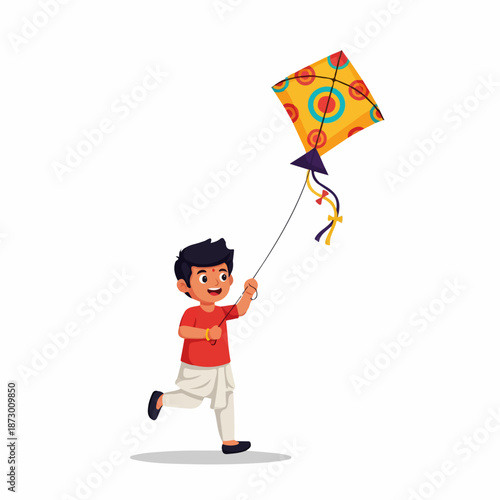 Happy Indian child in traditional clothes running and flying a vibrant kite, symbolizing freedom and festive spirit. Isolated vector illustration.