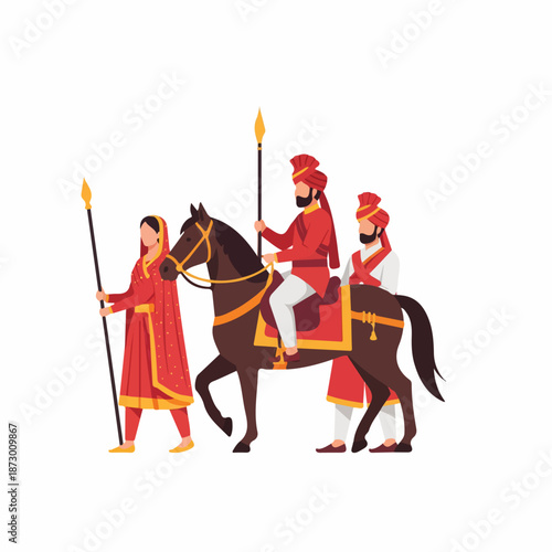 Illustration of a traditional Indian procession with a man on horseback, accompanied by a woman and another man in vibrant cultural attire, holding spears.