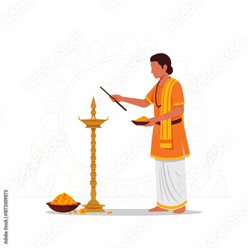 Traditional Indian man performing a sacred ritual, lighting a ceremonial lamp with marigold flowers. Hindu puja, spiritual ceremony, cultural celebration.