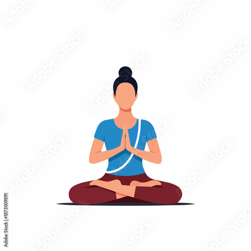 An illustration of a woman meditating in a lotus yoga pose with hands in Namaste. Represents mindfulness, peace, and wellness.