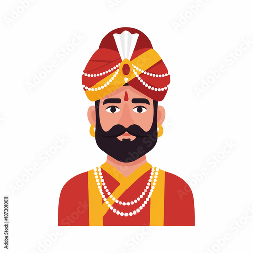Vibrant flat illustration of a traditional Indian man in a colorful turban, royal attire, and pearl necklace, depicting rich culture and heritage.