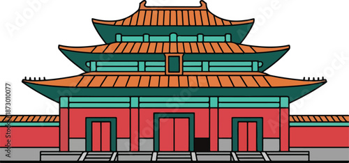 Traditional Chinese Pagoda Architecture with Red Walls and Orange Roofs.