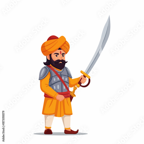 Cartoon illustration of an Indian warrior or king in traditional attire, wearing armor and a turban, holding a curved sword. Represents historical figures and bravery.