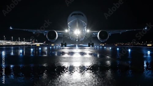 A large passenger airplane with bright headlights on a wet runway at night, ready for takeoff from a dark airport.