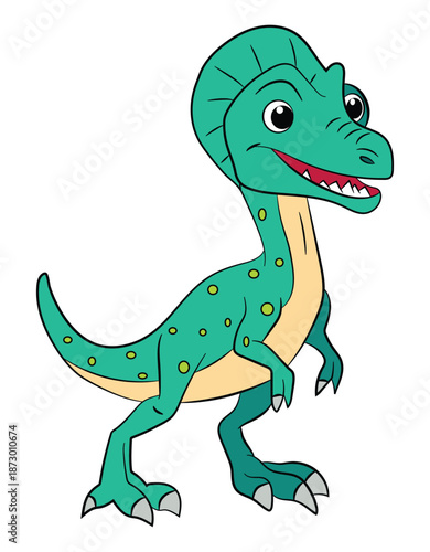 Little cartoon green velociraptor on a white background