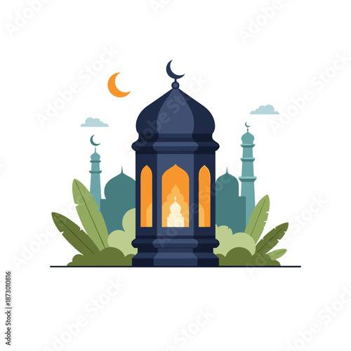 Vibrant lantern in front of mosque during Ramadan with crescent moon