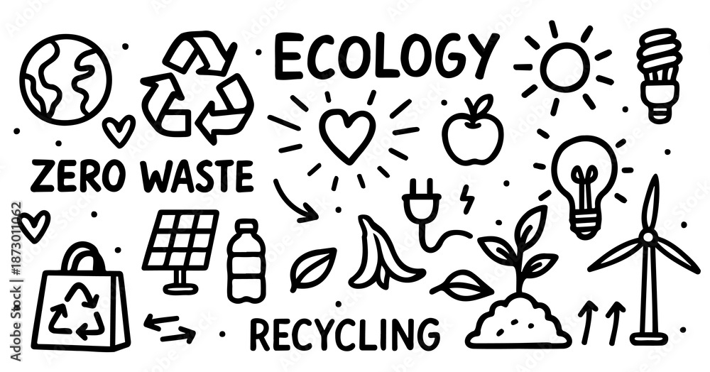 Obraz premium Ecology and Sustainability Doodle Icons Set - Recycling, Zero Waste, Green Energy and Eco Lifestyle