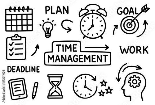 Time Management Doodle Icons Set - Planning, Deadlines, Productivity and Work Organization