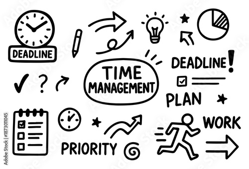 Time Management Doodle Icons Set - Planning, Deadlines, Productivity and Work Organization