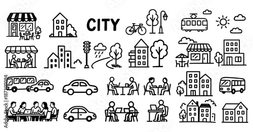 City Life Doodle Icons Set - Urban Buildings, Transport, People and Street Scenes