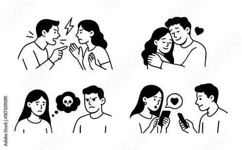 Couple Relationship Doodle Illustrations - Love, Conflict, Emotions and Communication