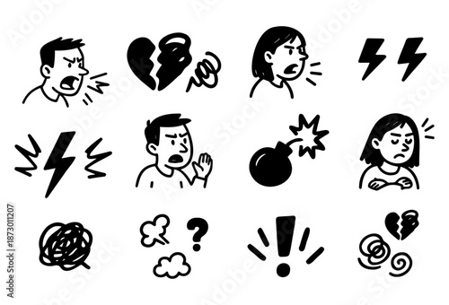 Emotion and Stress Doodle Icons Set - Anger, Anxiety, Fear and Mental Health Symbols