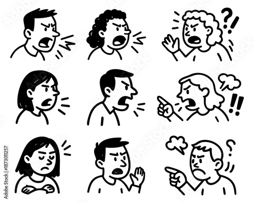 Anger and Conflict Doodle Faces Set - People Expressing Stress, Frustration and Aggression