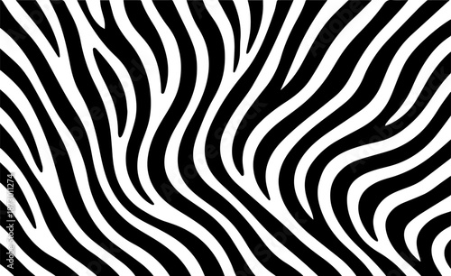 A close-up, high-contrast abstract pattern of wavy black and white stripes, resembling zebra fur or a dynamic, flowing texture