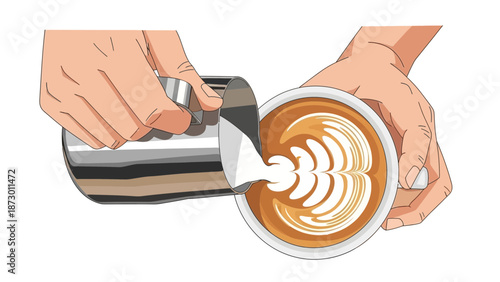 Barista hands pouring milk to create latte art in a coffee cup.
