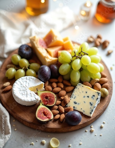 Elegant charcuterie board featuring cheese fruit nuts. Assortment includes brie gouda plums figs almonds and grapes. Delicious gourmet platter for fancy holiday party at cozy home. © Vadym