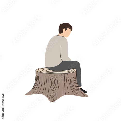 Sad Man Sitting Alone on Tree Stump in Nature